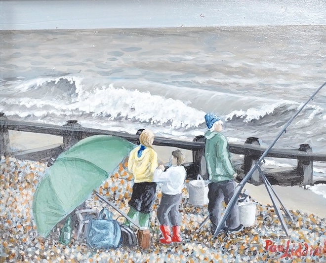Paul Liddiard, Beach fishing, signed, RA Summer Exhibition 2013 label verso, acrylic on board, 11 x 13cm